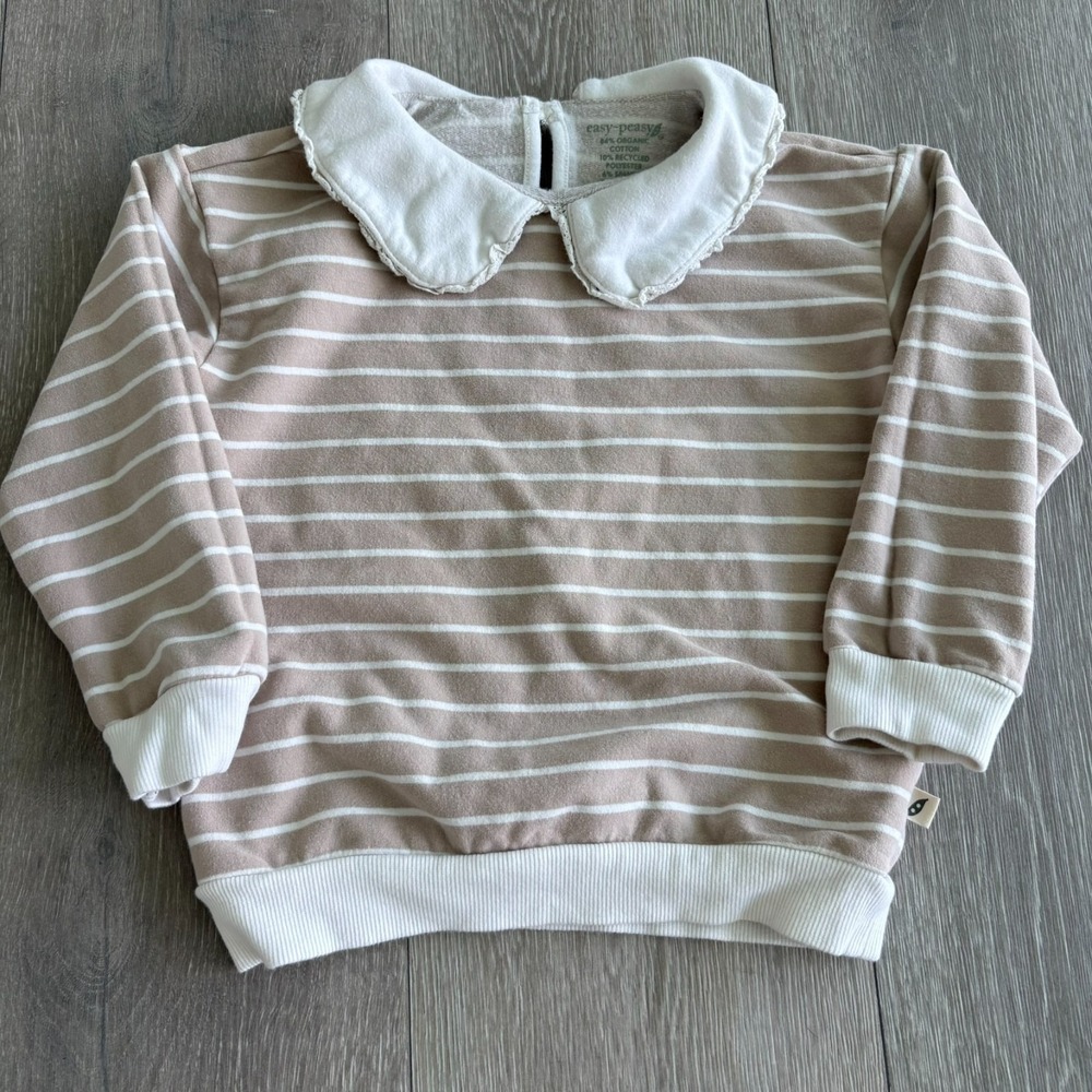 Easy Peasy Kids White Tan Striped Organic Peterpan Collar Sweatshirt Size 4T
